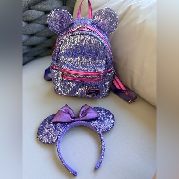 Loungefly Disney parks Purple Sequin Backpack with Headband